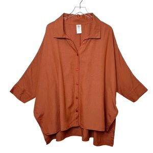 NEW Helen Owen Bri Rust Orange Lagenlook Linen Blend Button Up Tunic Top Sz OS